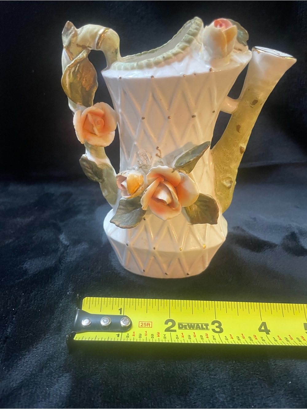 Porcelain Floral Pitcher Vase in White and Peach with Gold Accents